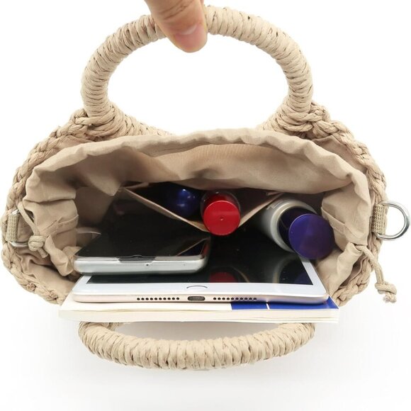 Small Straw Tote Bag for Women,Summer Beach Crossbody Shoulder Handbag,Hand-wove - Picture 6 of 7